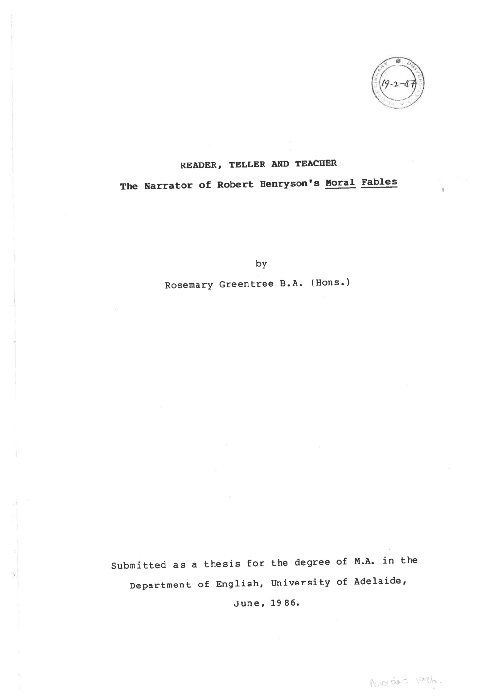 Reader, Teller, and Teacher : the Narrator of Robert Henryson's Moral Fables