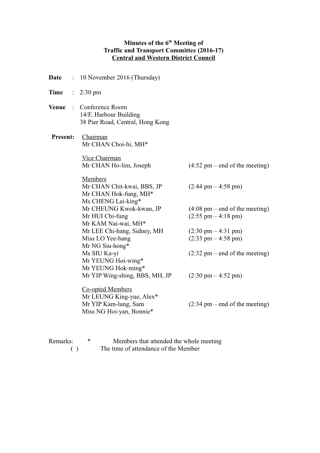 Minutes of the 6Th Meeting of Traffic and Transport Committee (2016-17) Central and Western