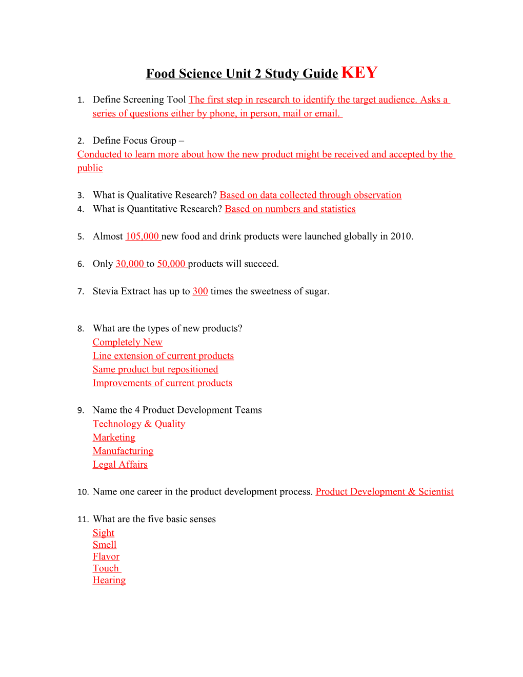 Food Science Unit 2 Study Guide KEY