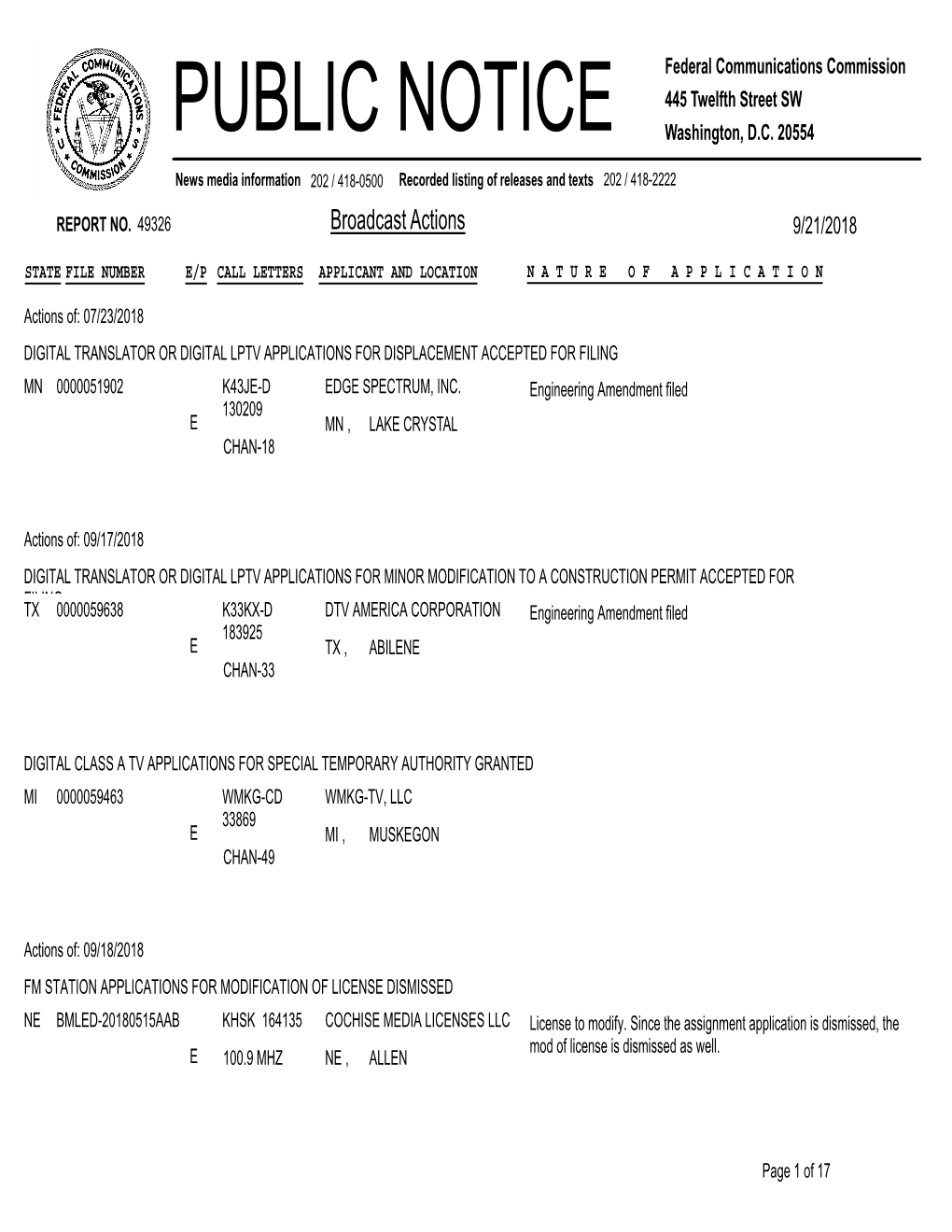 Broadcast Actions 9/21/2018