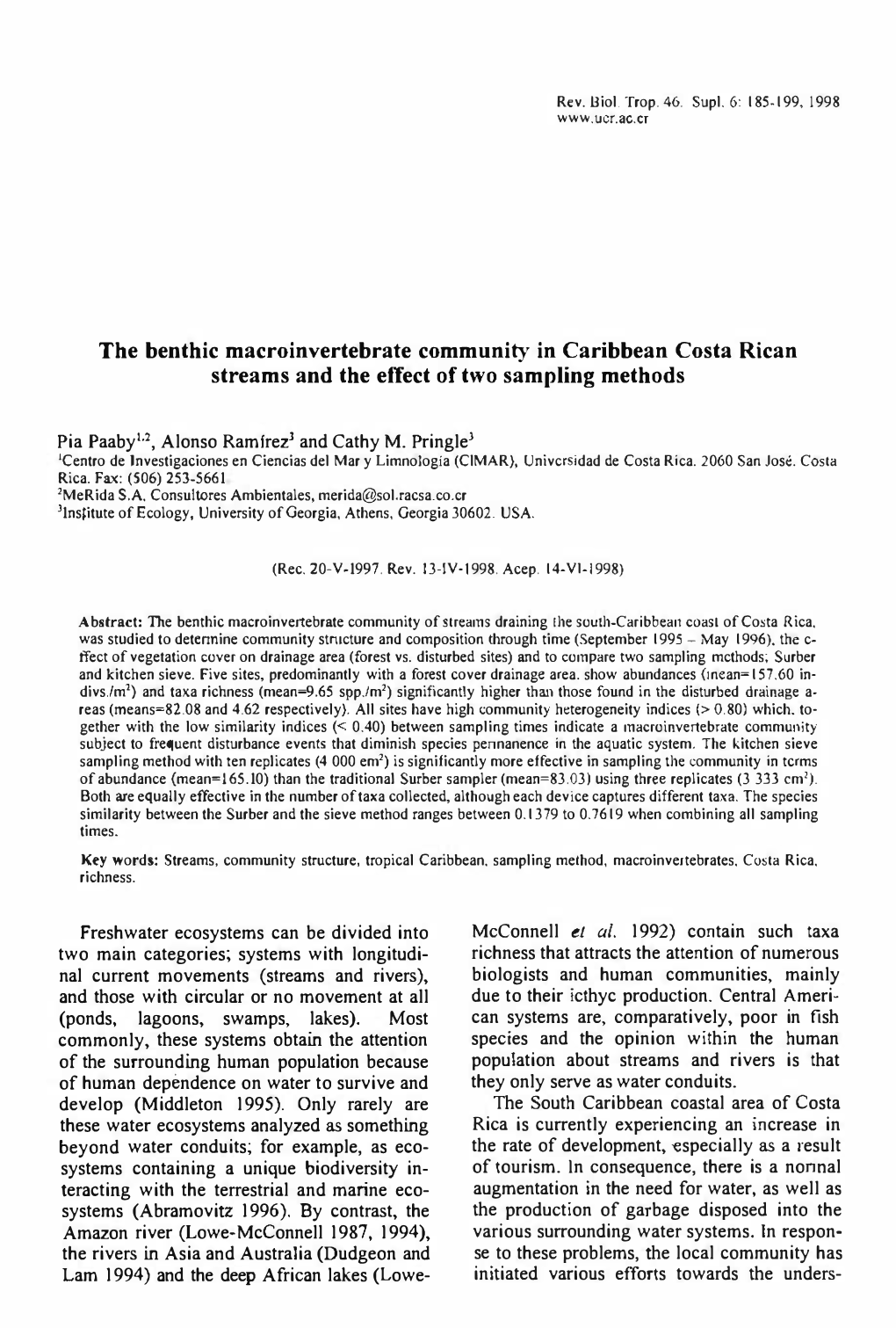 The Benthic Macro Invertebrate Community in Caribbean Costa Rican Streams and the Effect of Two Sampling Methods