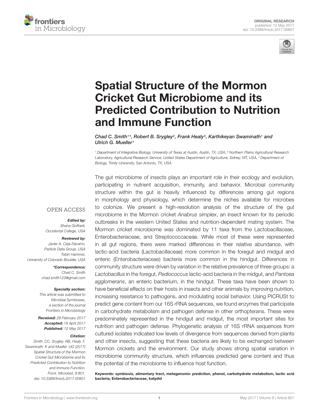 Spatial Structure of the Mormon Cricket Gut Microbiome and Its Predicted Contribution to Nutrition and Immune Function