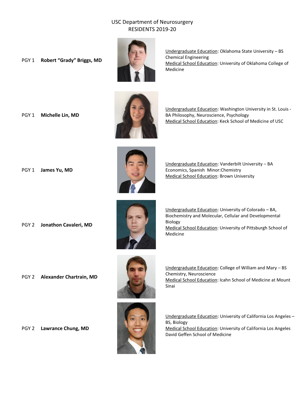 USC Department of Neurosurgery RESIDENTS 2019-20