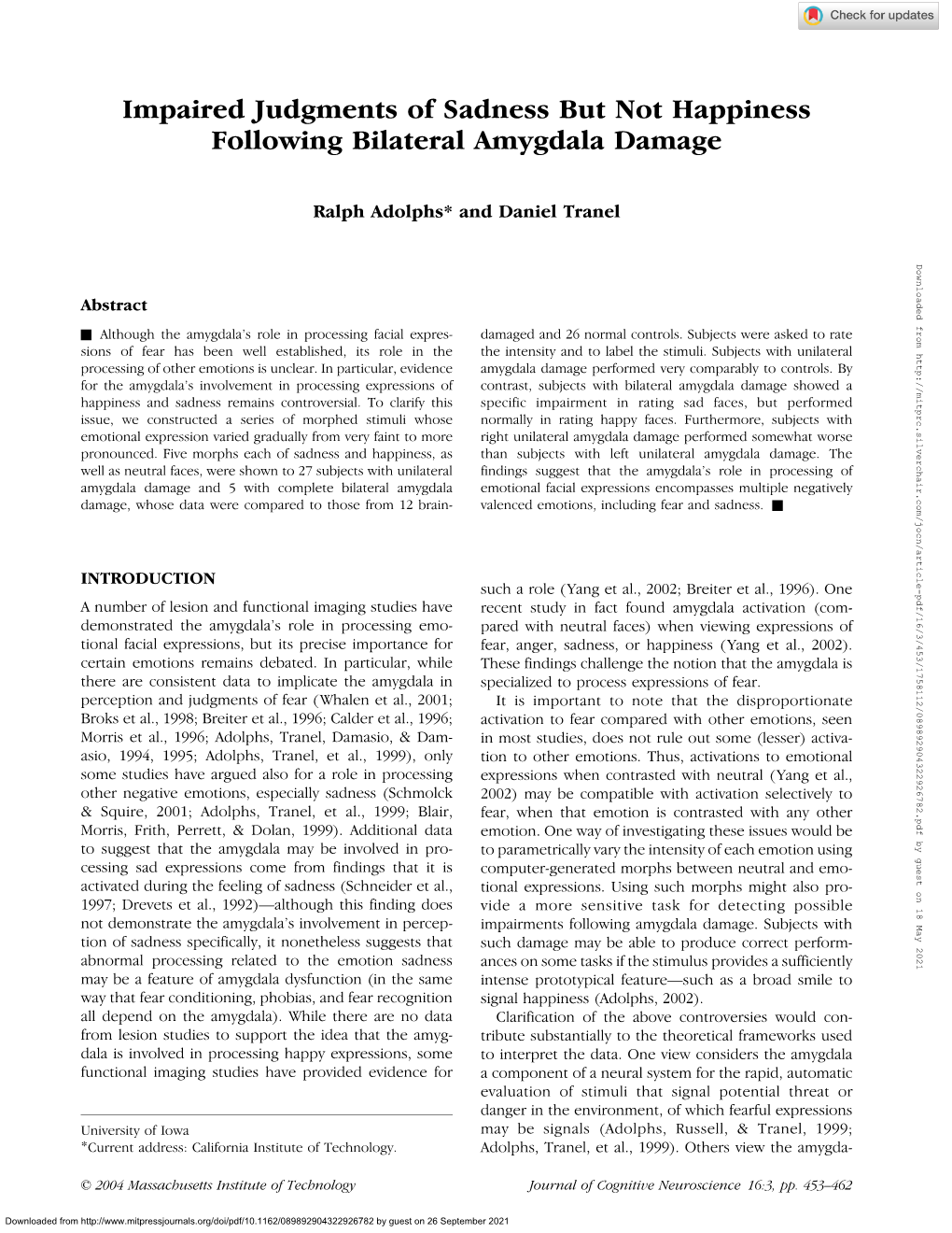 Impaired Judgments of Sadness but Not Happiness Following Bilateral Amygdala Damage