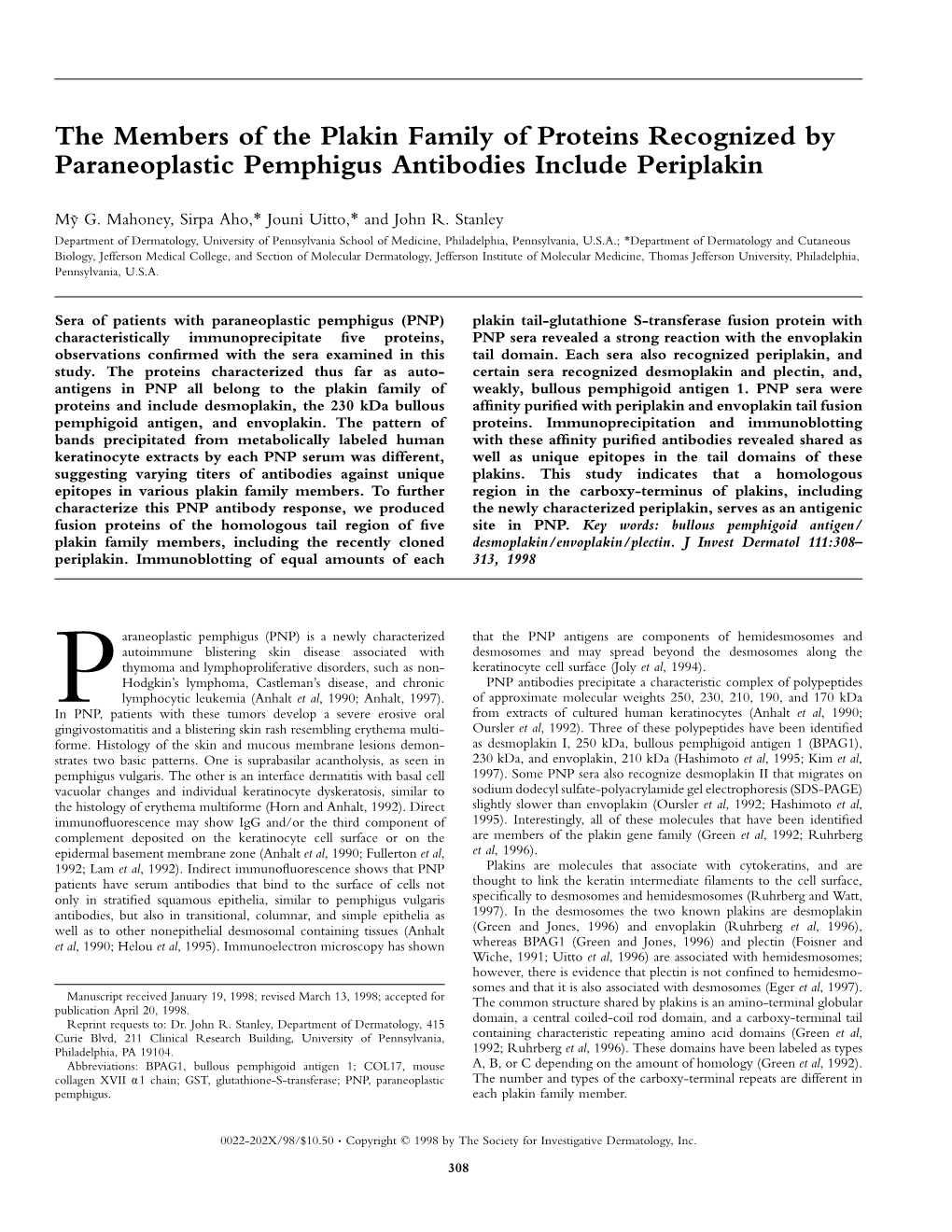 The Members of the Plakin Family of Proteins Recognized by Paraneoplastic Pemphigus Antibodies Include Periplakin