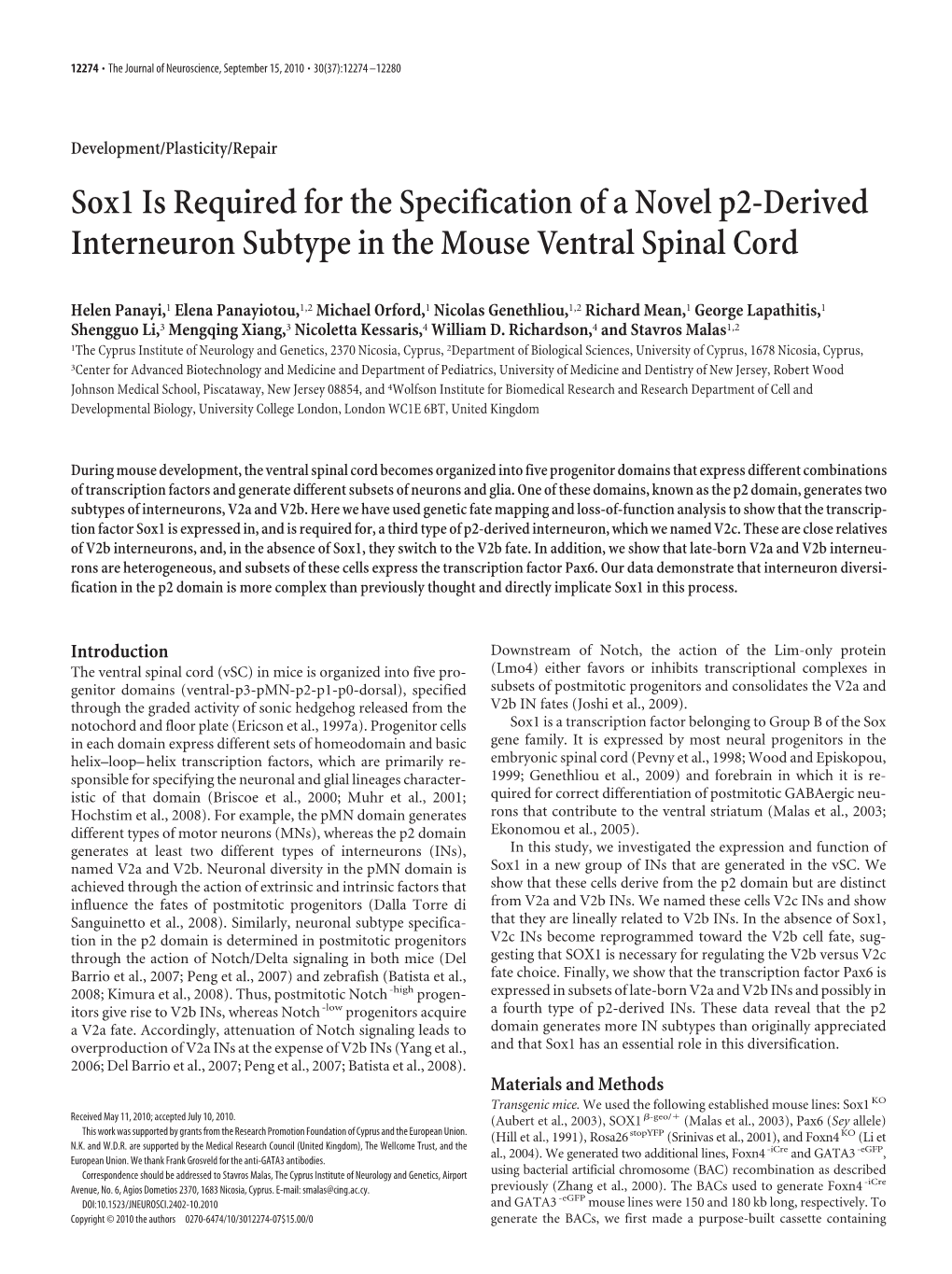 Sox1 Is Required for the Specification of a Novel P2-Derived Interneuron Subtype in the Mouse Ventral Spinal Cord