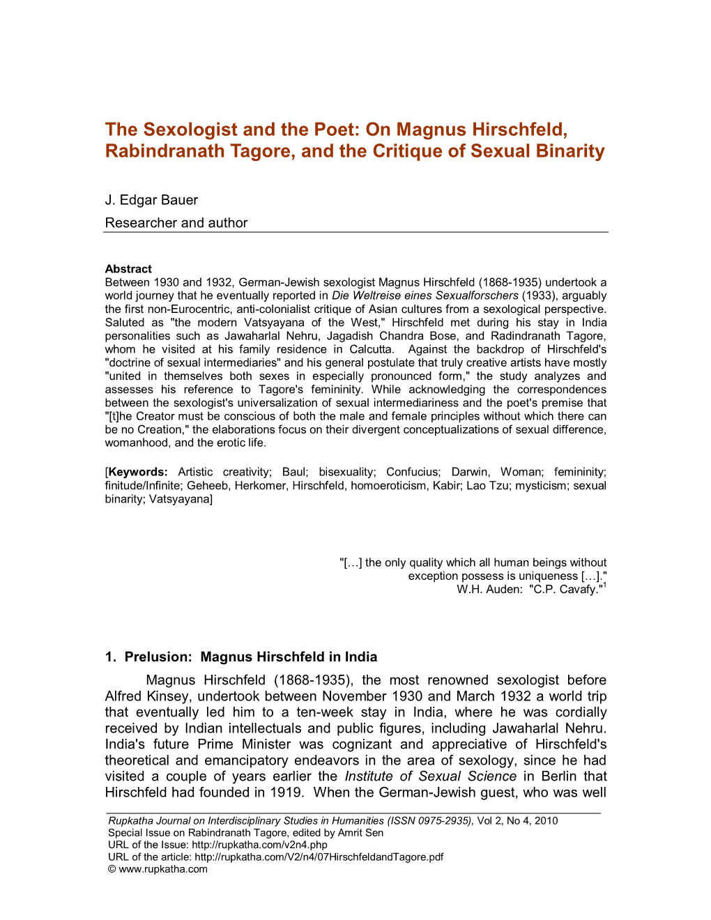 On Magnus Hirschfeld, Rabindranath Tagore, and the Critique of Sexual Binarity