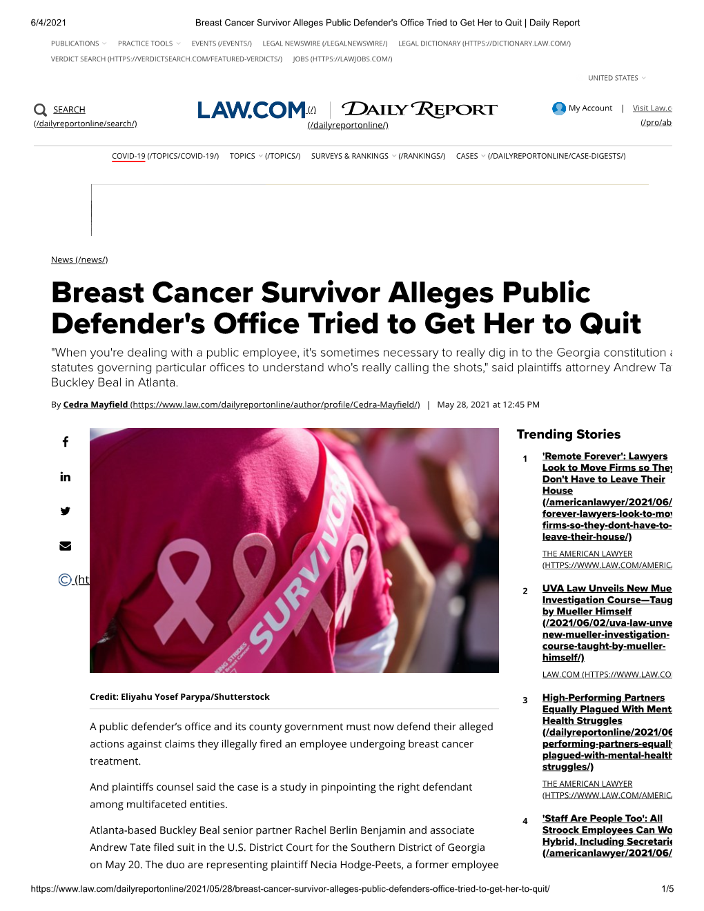 Breast Cancer Survivor Alleges Public Defender's O Ce Tried to Get Her To