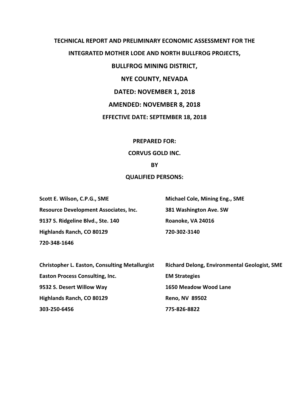 Bullfrog Mining District, Nye County, Nevada Dated: November 1, 2018 Amended: November 8, 2018 Effective Date: September 18, 2018