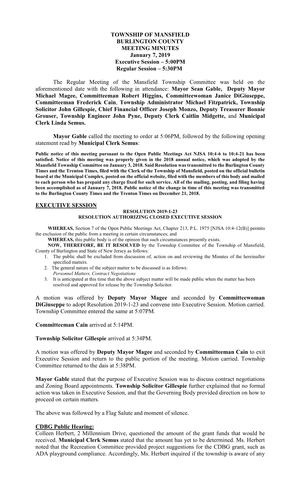 TOWNSHIP of MANSFIELD BURLINGTON COUNTY MEETING MINUTES January 7, 2019 Executive Session – 5:00PM Regular Session – 5:30PM