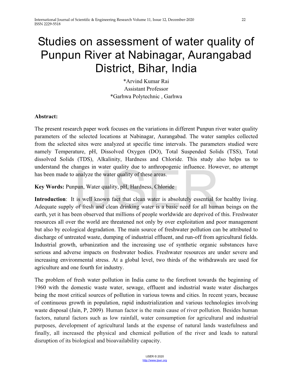 Studies on Assessment of Water Quality of Punpun River At