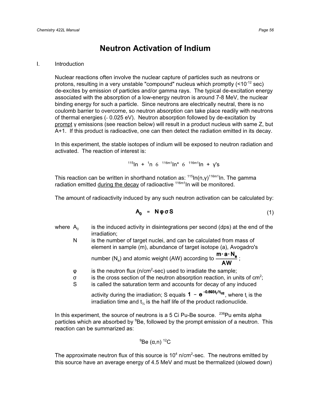 Neutron Activation of Indium