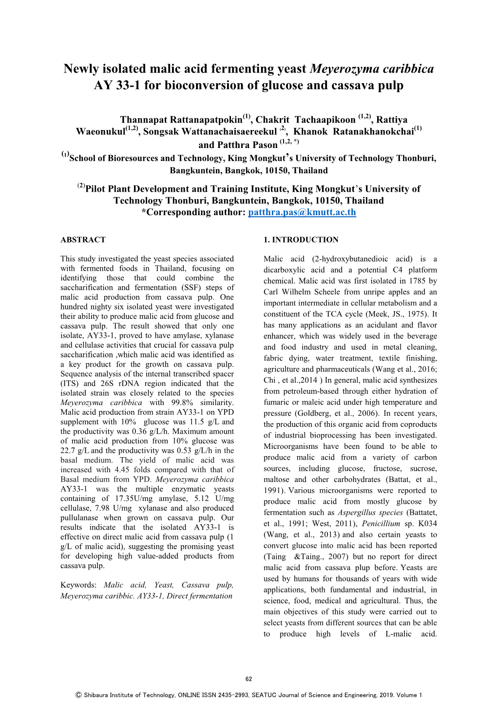 Newly Isolated Malic Acid Fermenting Yeast Meyerozyma Caribbica AY 33-1 for Bioconversion of Glucose and Cassava Pulp