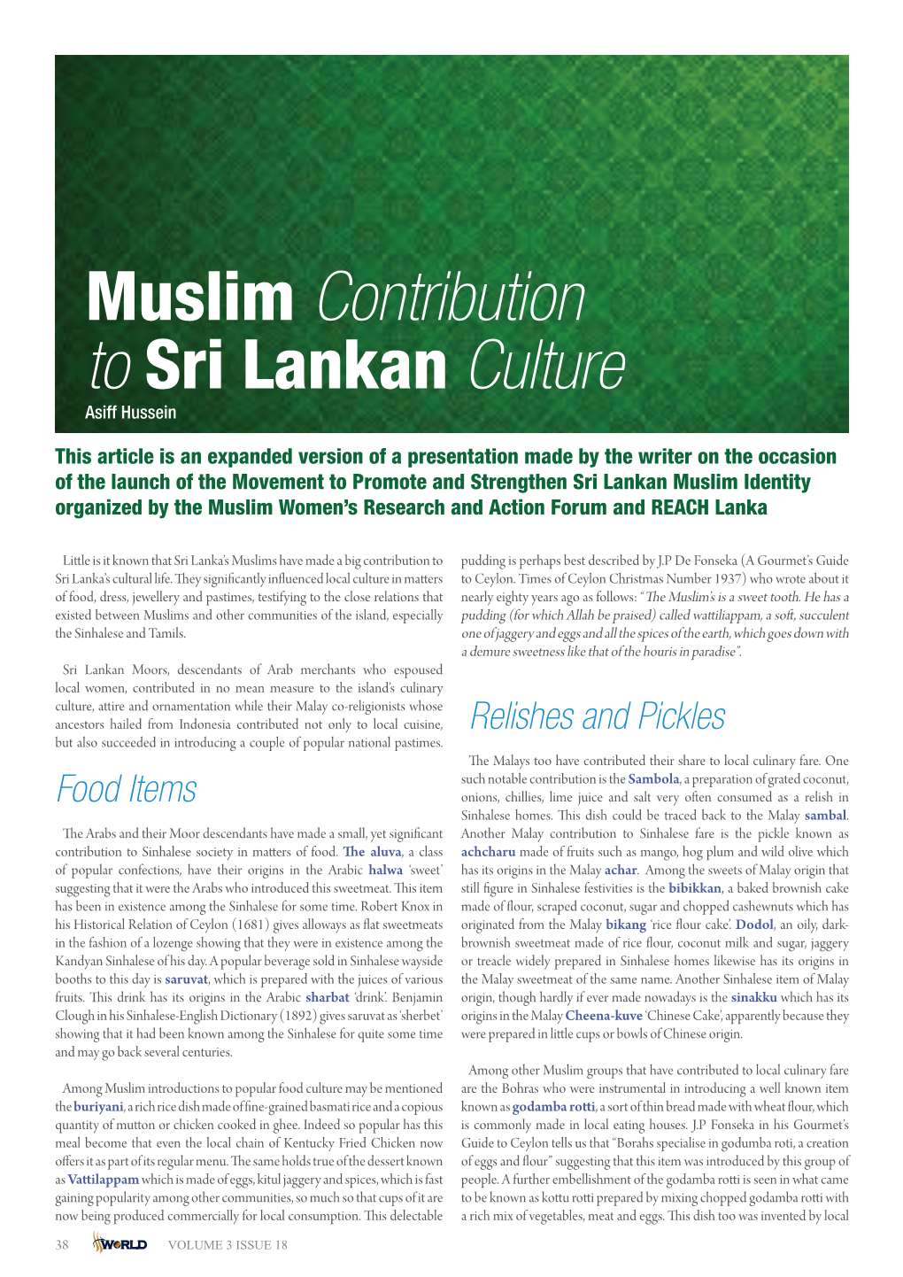 Muslim Contribution to Sri Lankan Culture Asiff Hussein