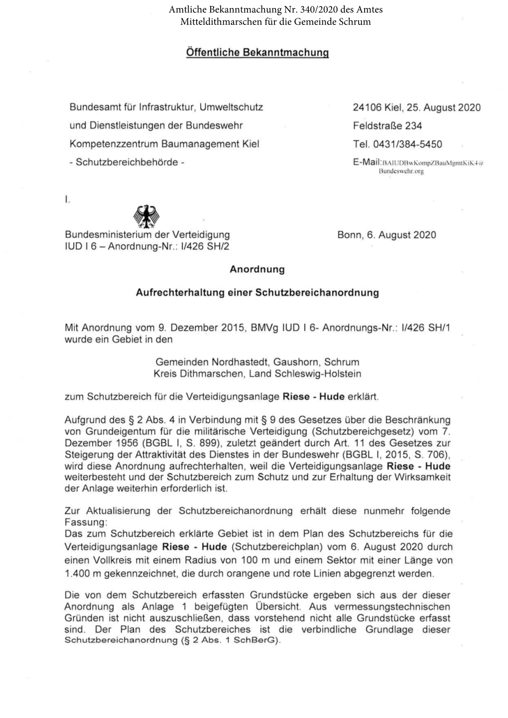 Amtliche Bekanntmachung Nr. 340/2020 Des Amtes Mitteldithmarschen Für Die Gemeinde Schrum
