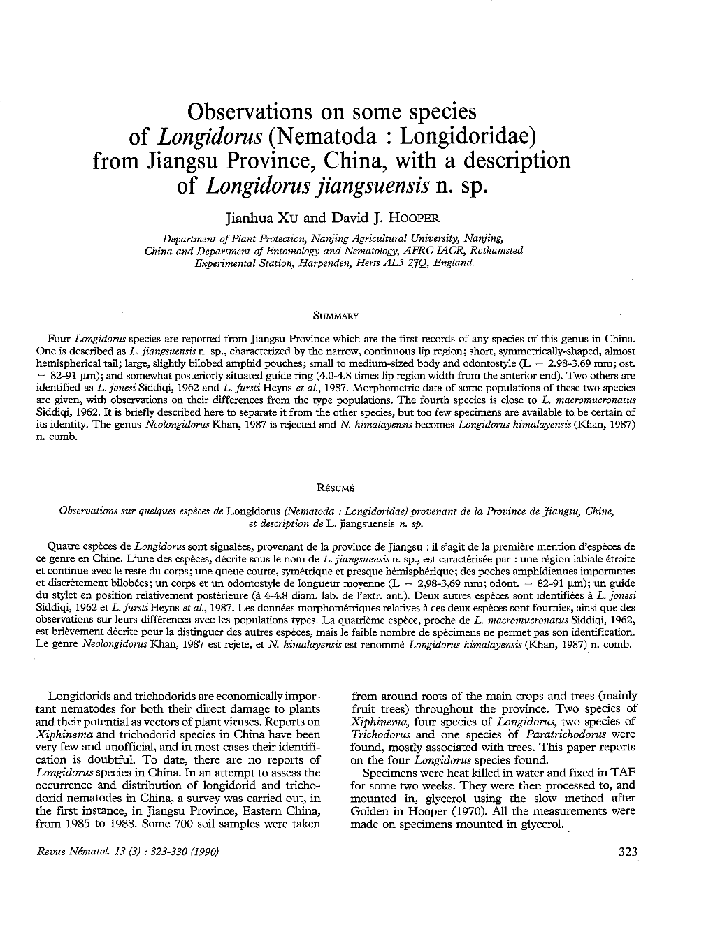 Observations on Some Species of Longidorus (Nematoda : Longidoridae) from Jiangsu Province, China, with a Description of Longidorus Jiangsuensis N