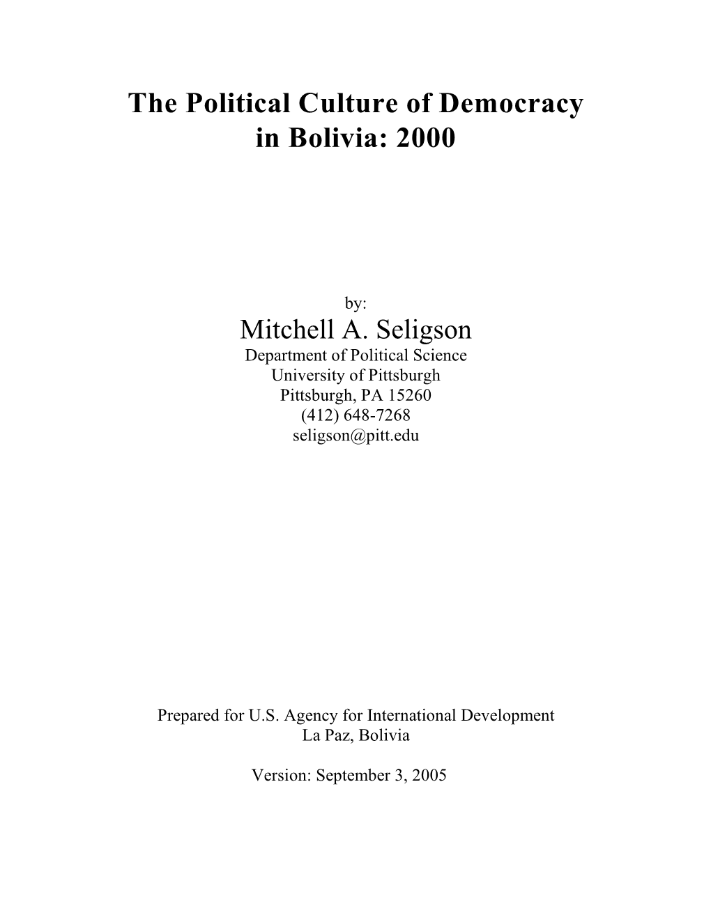 The Political Culture of Democracy in Bolivia: 2000