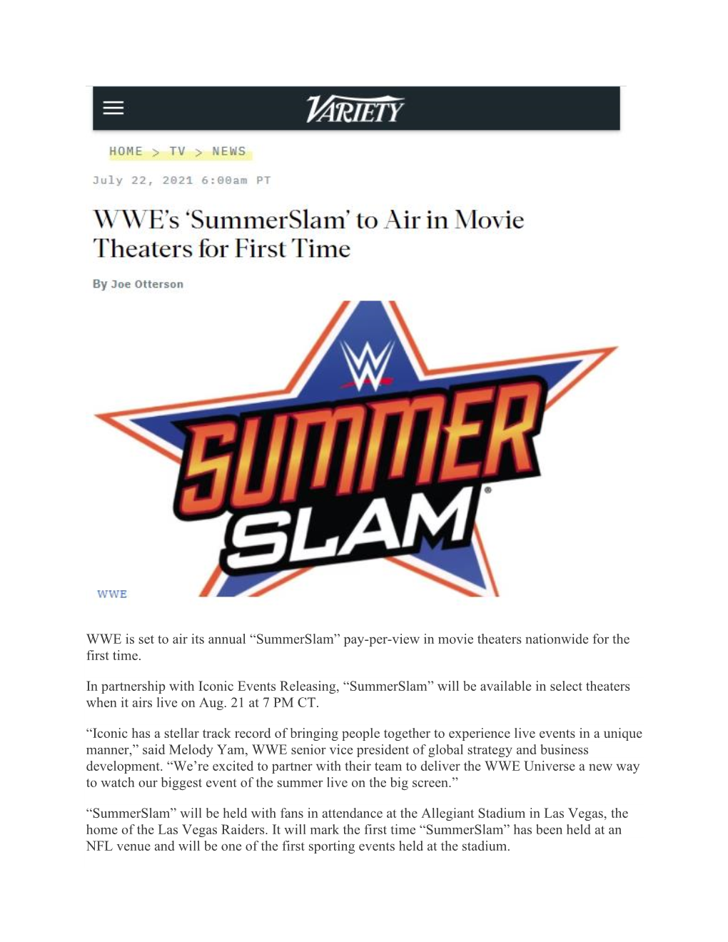 WWE Is Set to Air Its Annual “Summerslam” Pay-Per-View in Movie Theaters Nationwide for the First Time