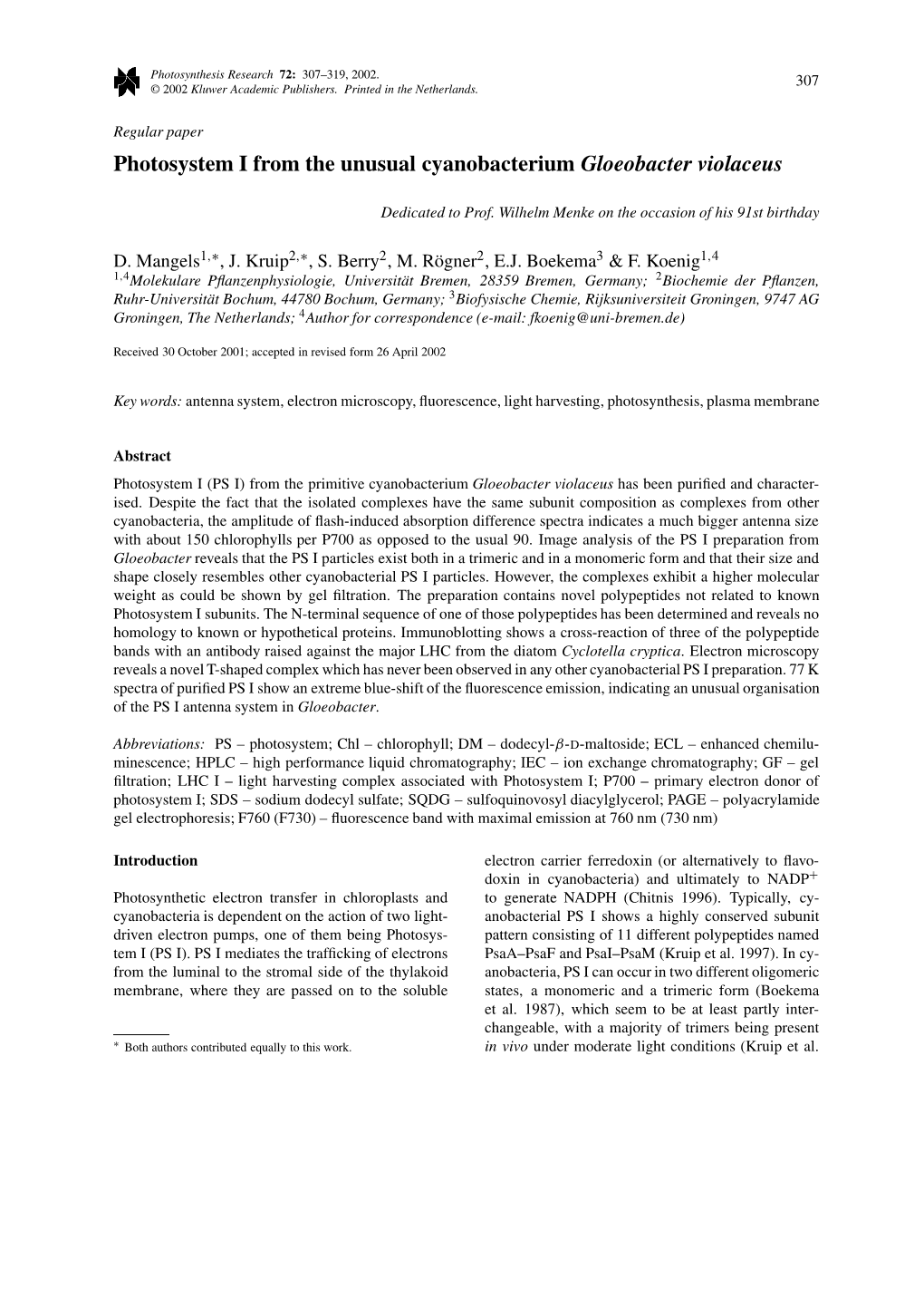 Photosystem I from the Unusual Cyanobacterium Gloeobacter Violaceus