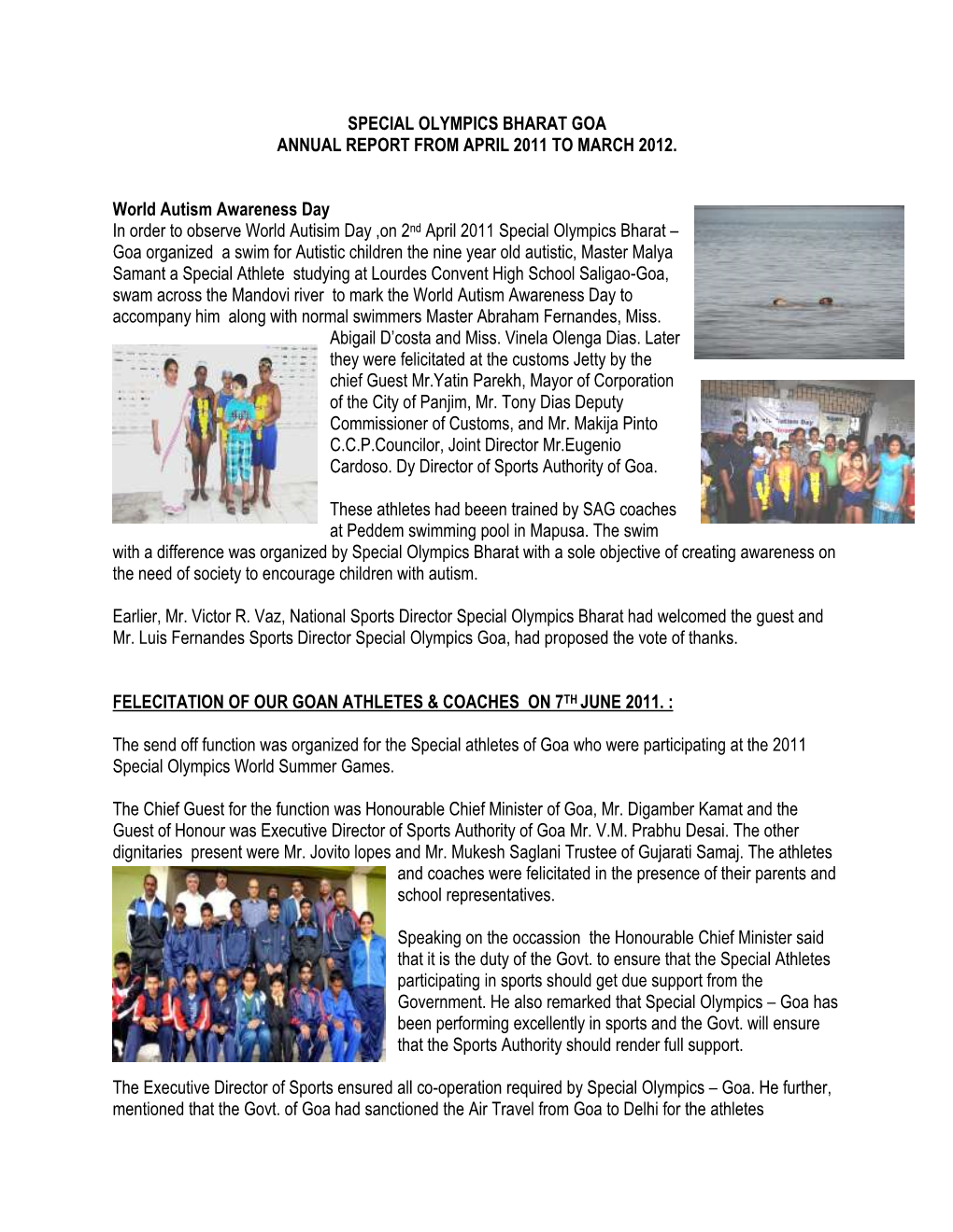 Special Olympics Bharat Goa Annual Report from April 2011 to March 2012
