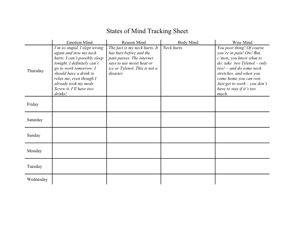 States of Mind Tracking Sheet