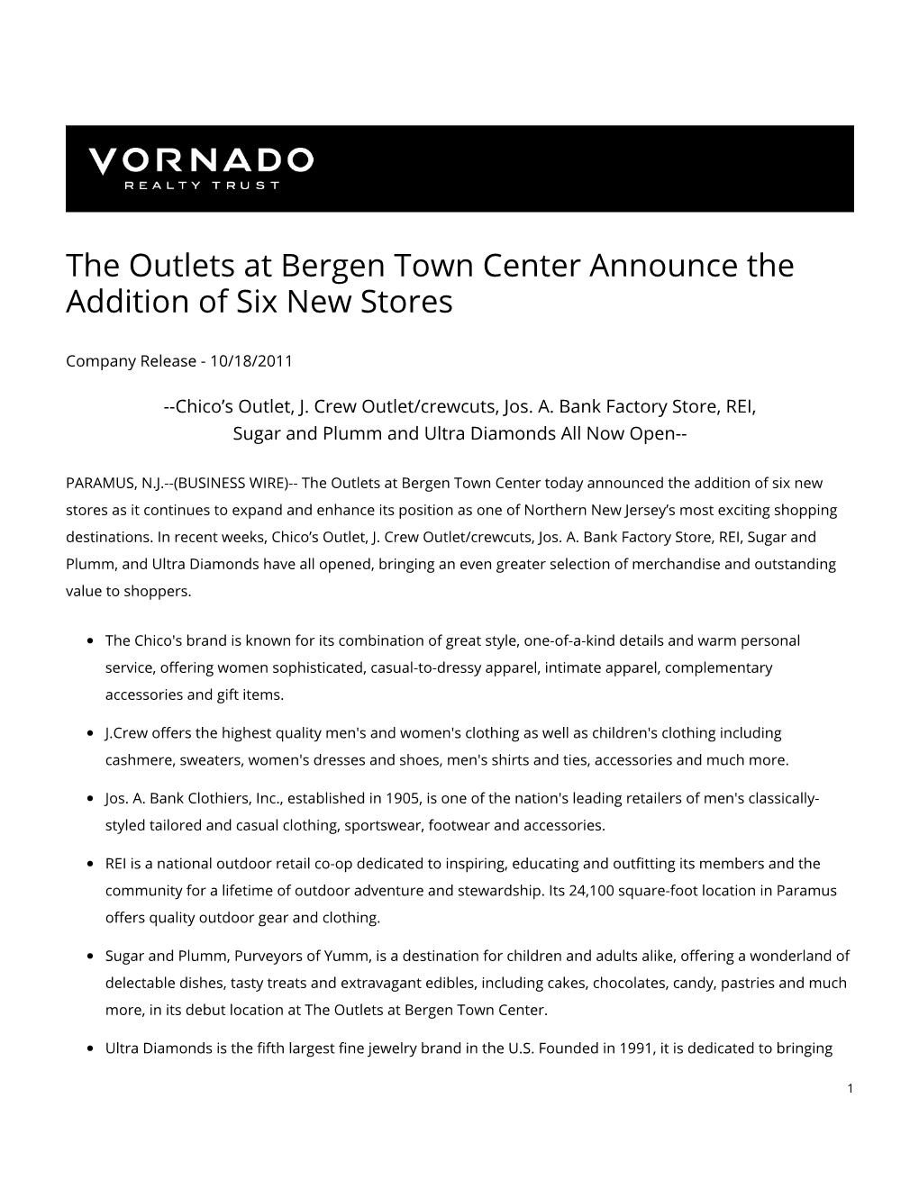 The Outlets at Bergen Town Center Announce the Addition of Six New Stores