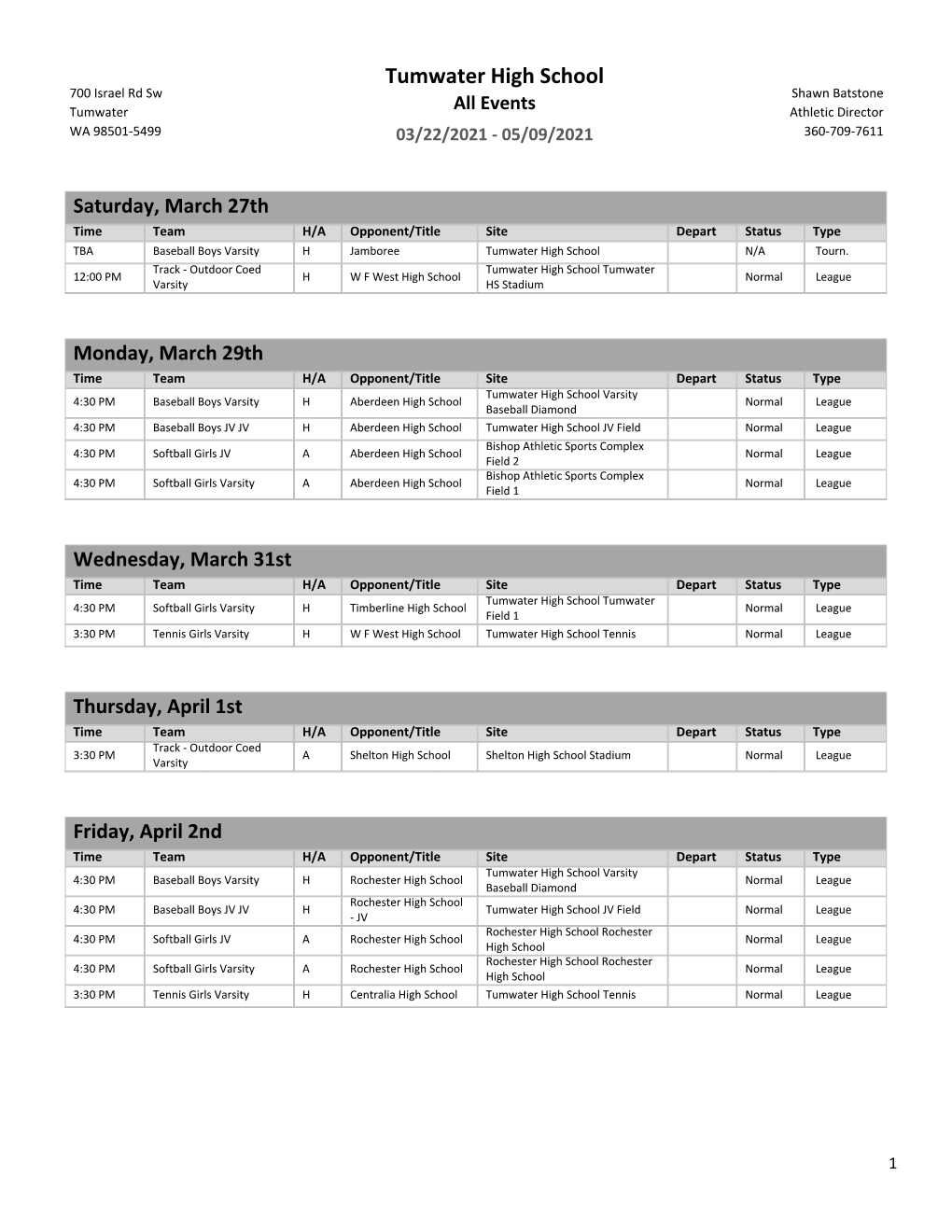 Season 2 Sports Schedule