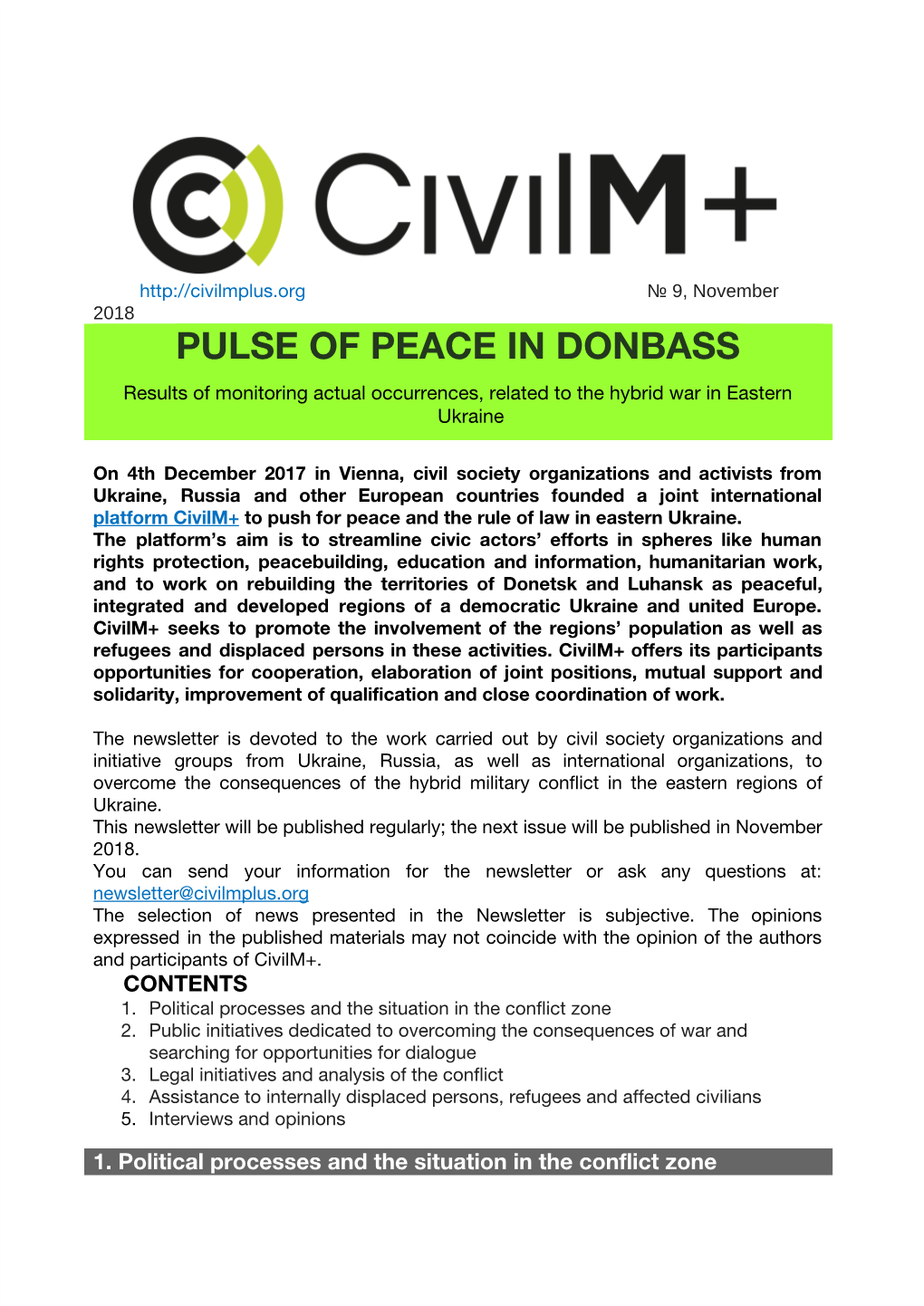 PULSE of PEACE in DONBASS Results of Monitoring Actual Occurrences, Related to the Hybrid War in Eastern Ukraine