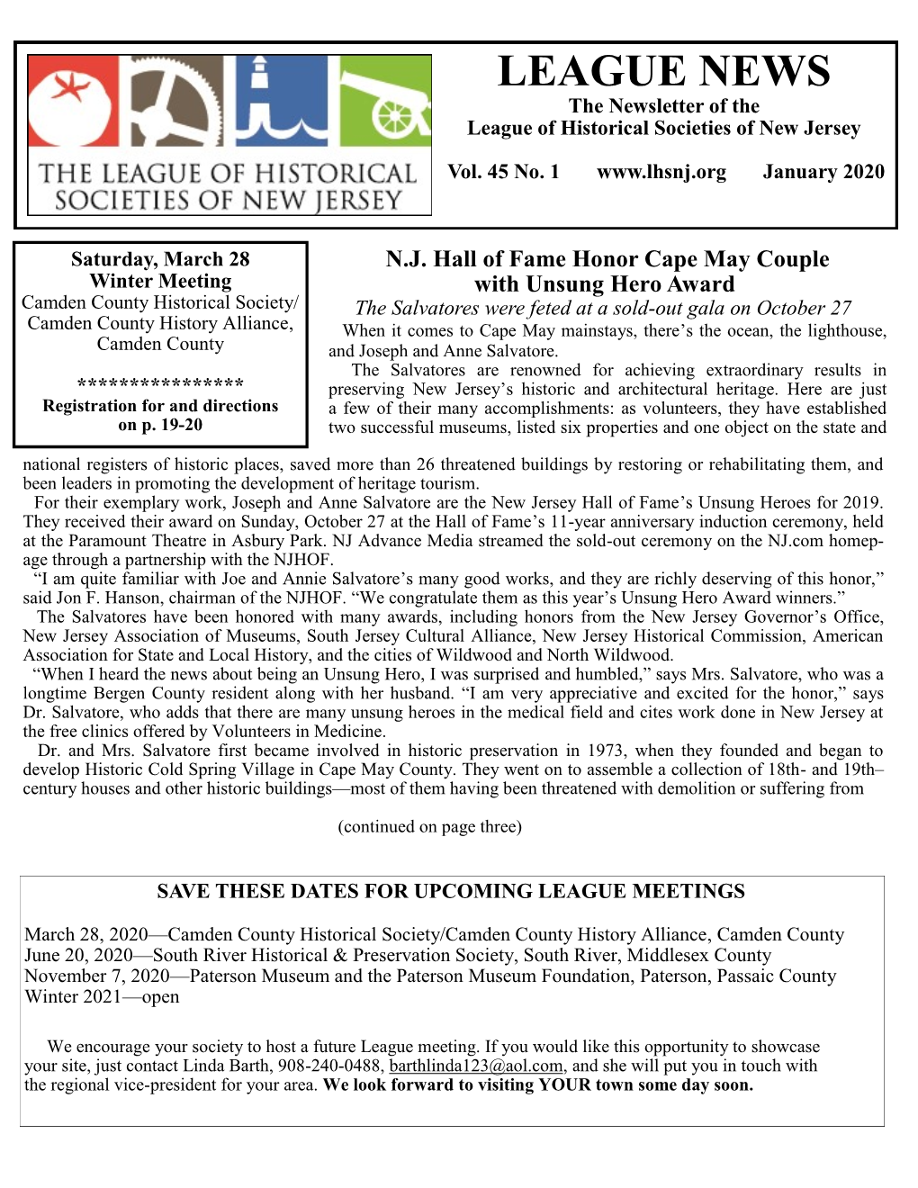 LEAGUE NEWS the Newsletter of the League of Historical Societies of New Jersey