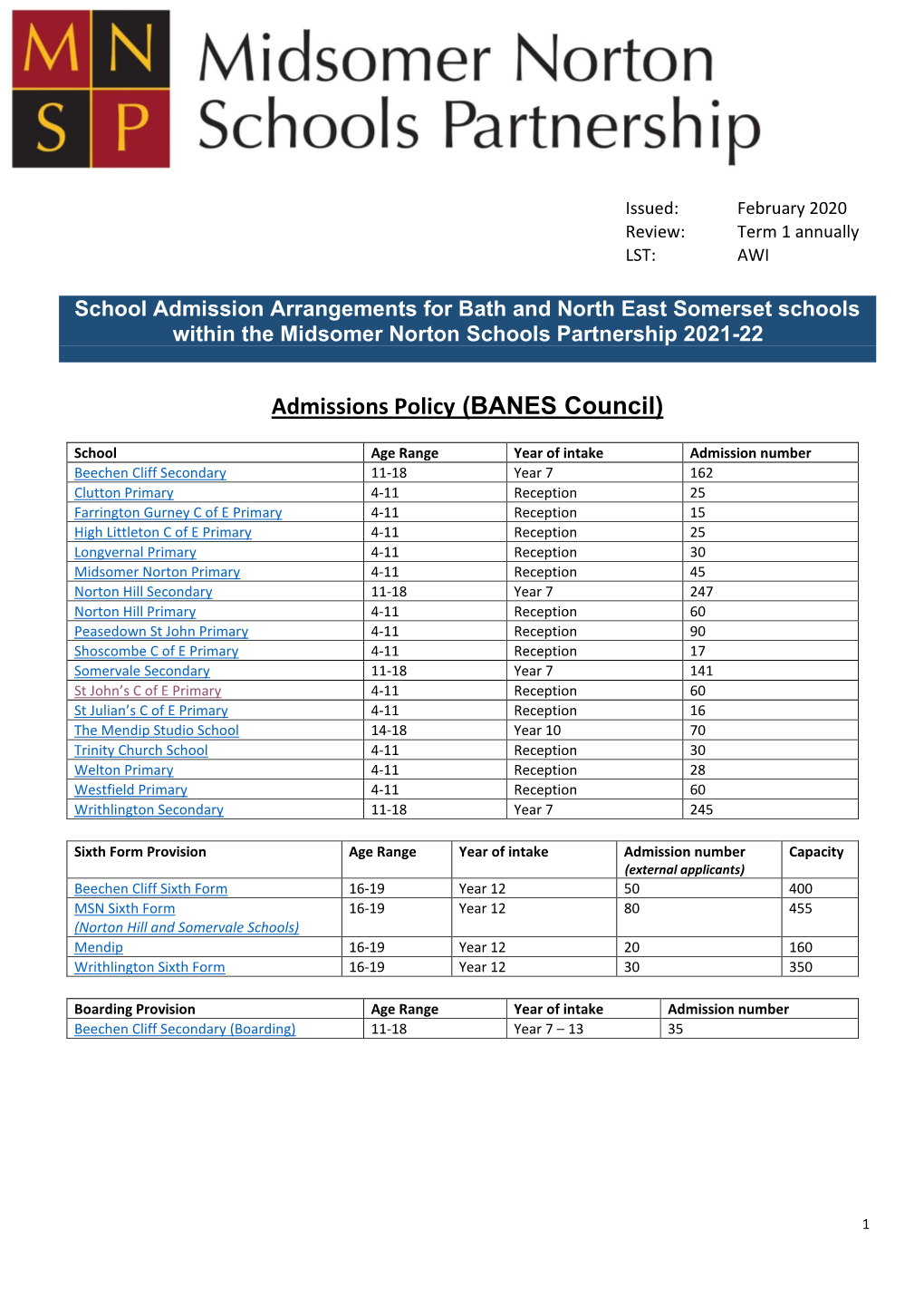 Admissions Policy (BANES Council)