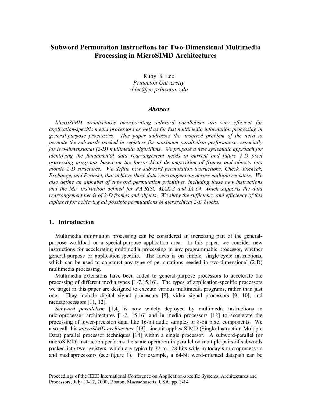 Subword Permutation Instructions for Two-Dimensional Multimedia Processing in Microsimd Architectures