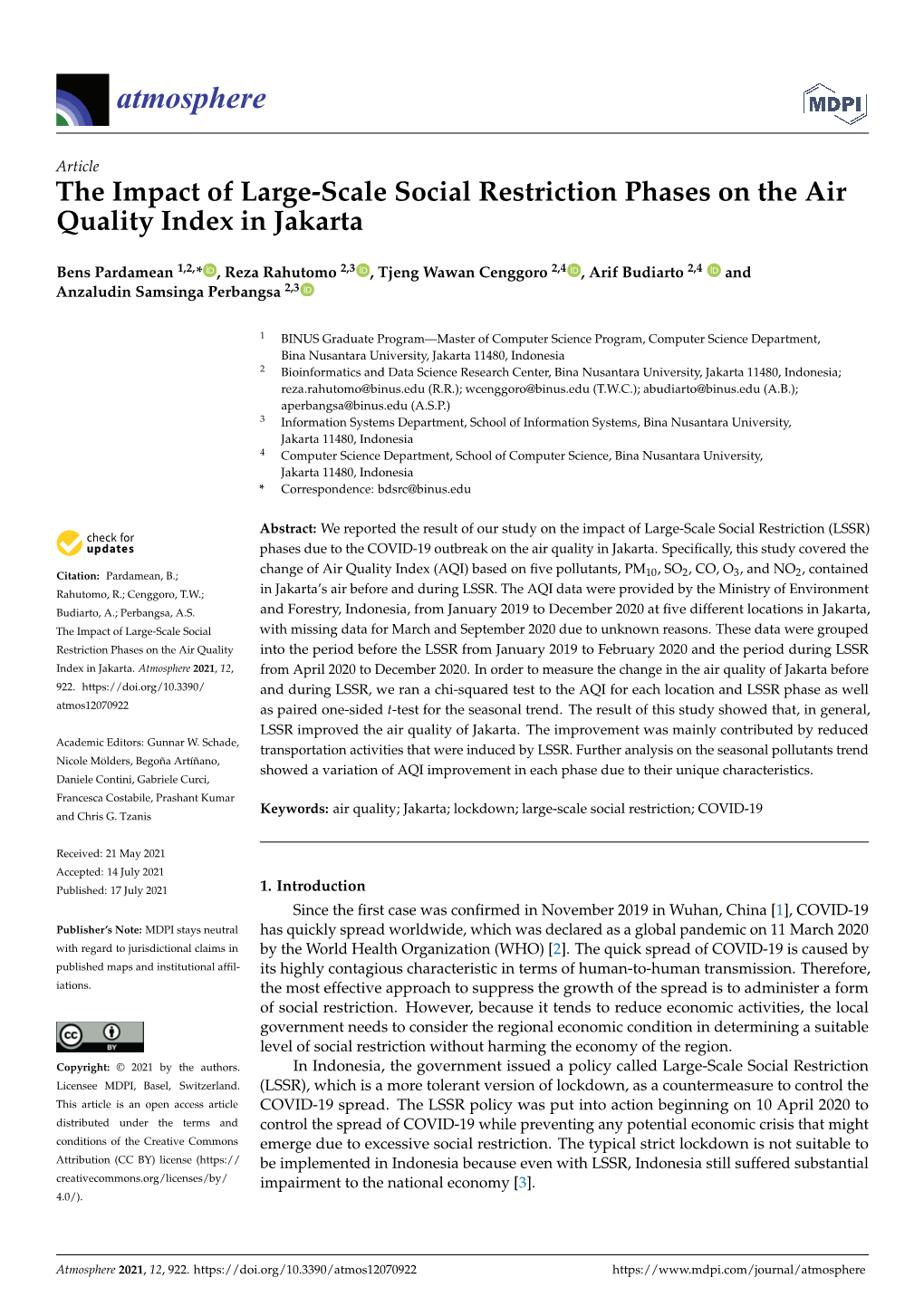 The Impact of Large-Scale Social Restriction Phases on the Air Quality Index in Jakarta