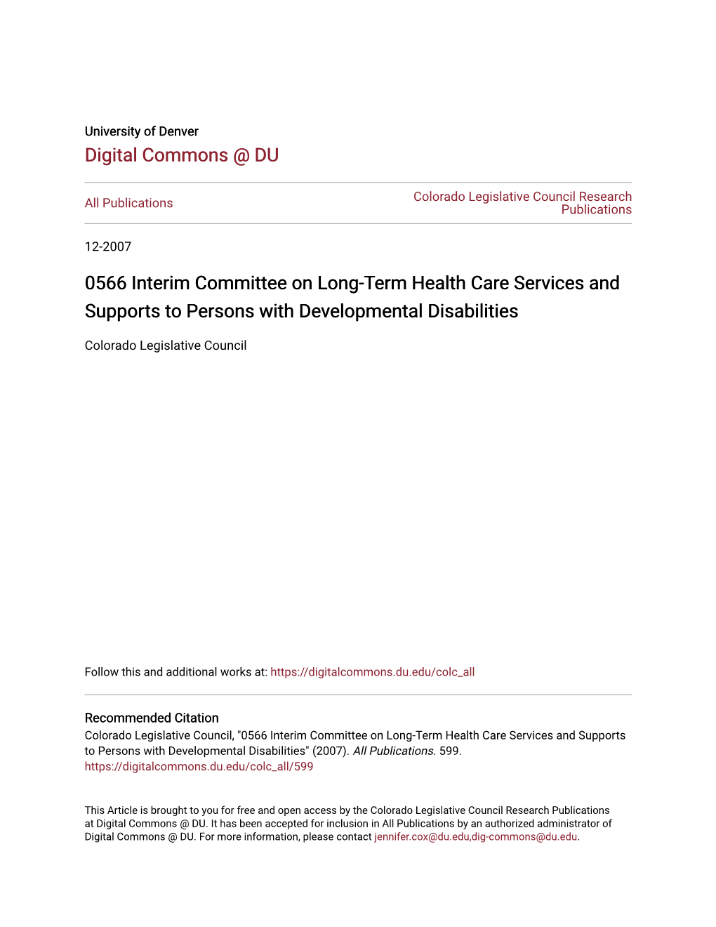 0566 Interim Committee on Long-Term Health Care Services and Supports to Persons with Developmental Disabilities