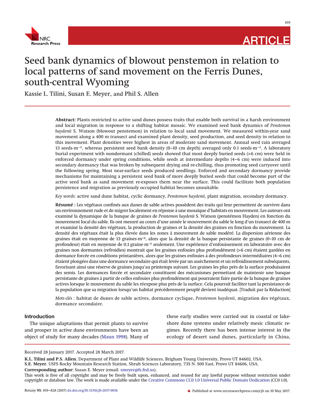 Seed Bank Dynamics of Blowout Penstemon in Relation to Local Patterns of Sand Movement on the Ferris Dunes, South-Central Wyoming Kassie L