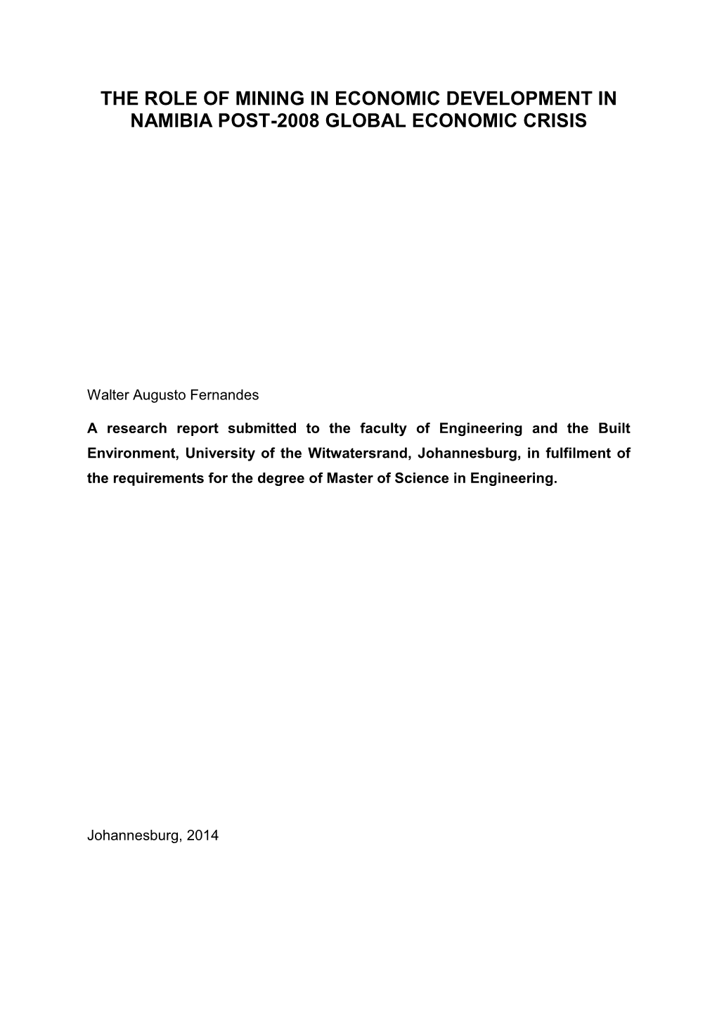 The Role of Mining in Economic Development in Namibia Post-2008 Global Economic Crisis