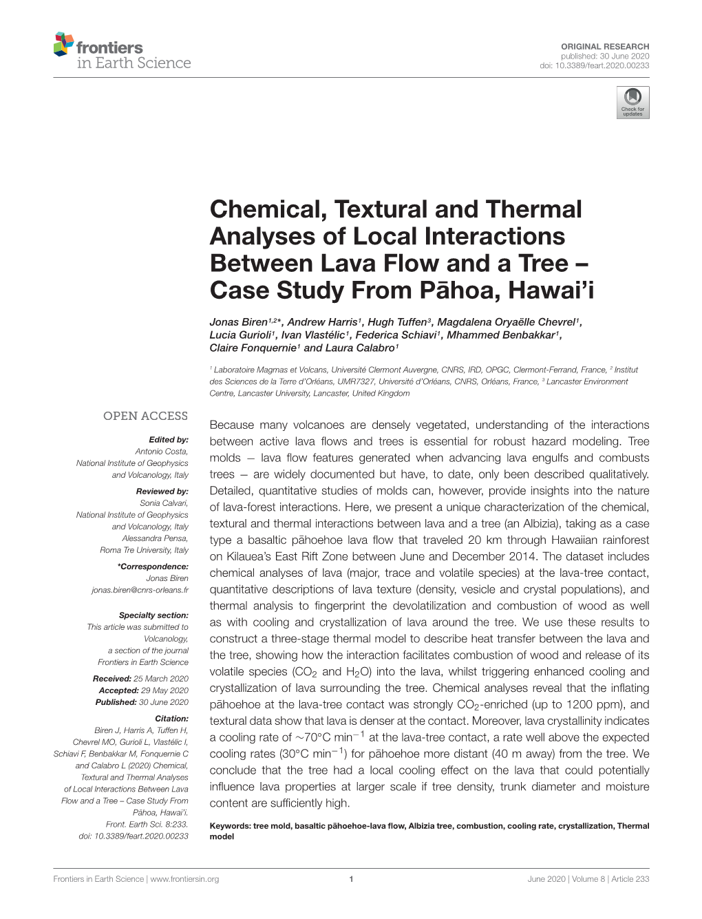 Chemical, Textural and Thermal Analyses of Local Interactions Between Lava Flow and a Tree – Case Study from Pahoa,¯ Hawai’I