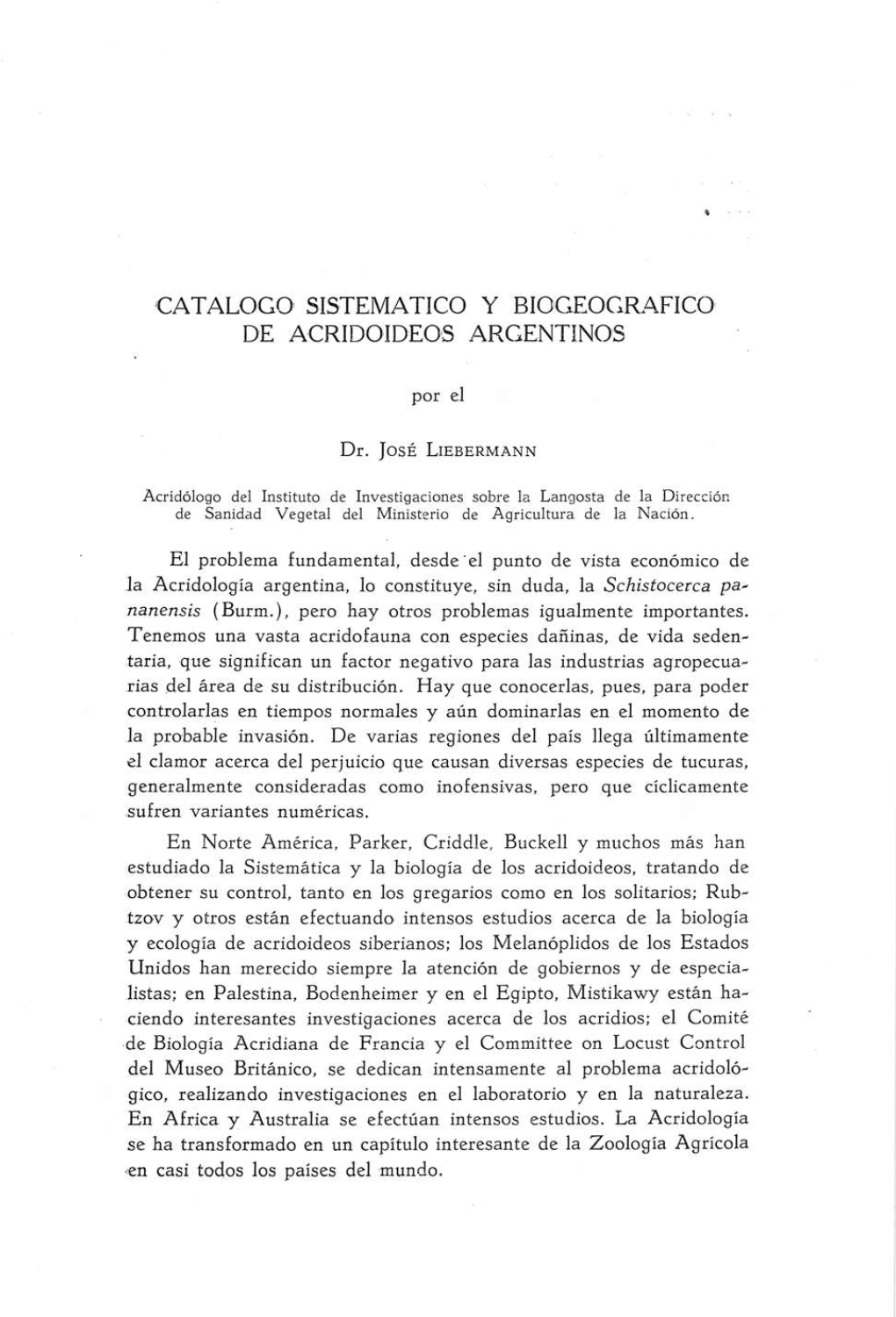 'Catalogoi SIST'ematico Y BIOGEO'grafico DE A'cridoid'eo's Argientino's