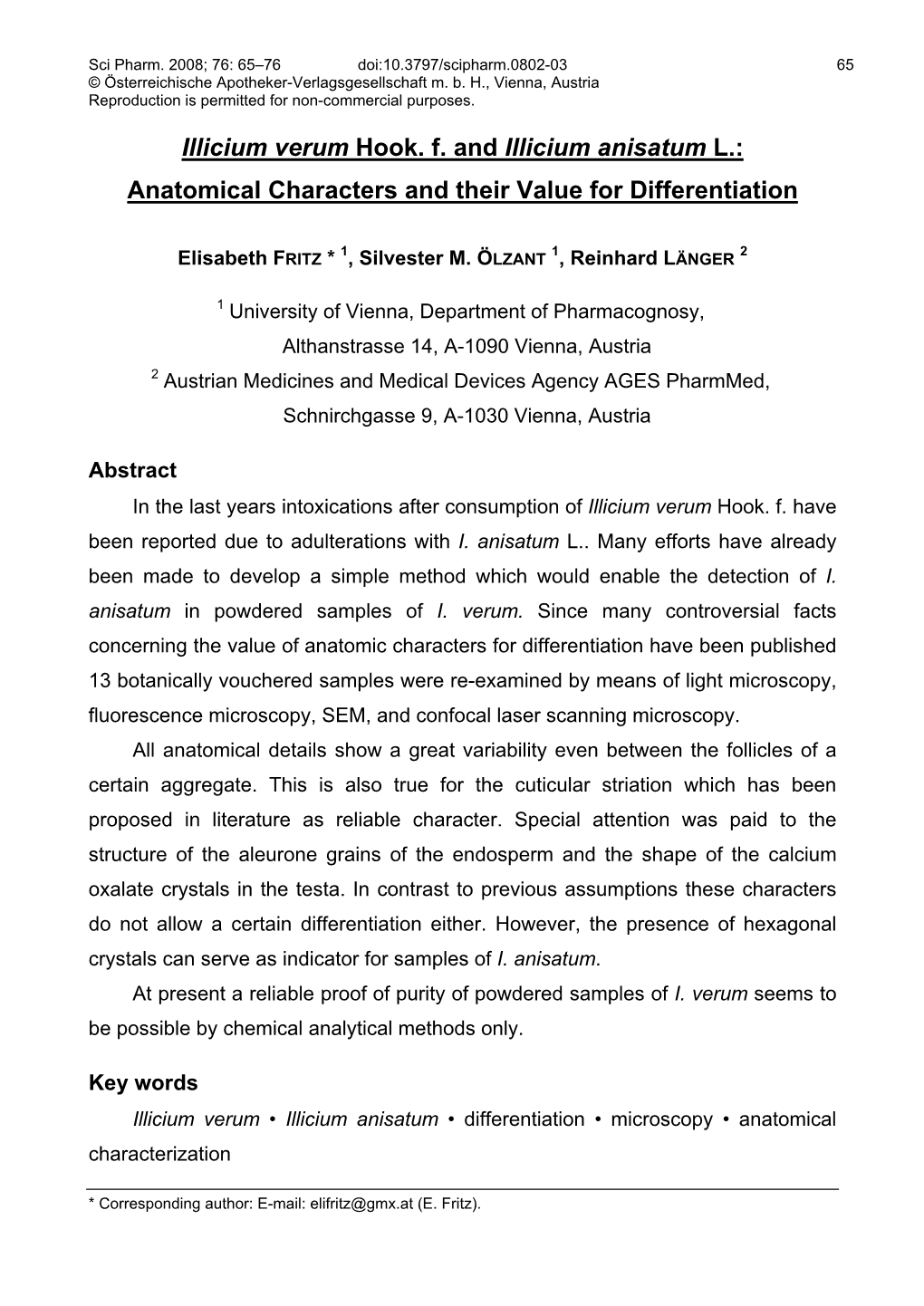 Illicium Verum Hook. F. and Illicium Anisatum L.: Anatomical Characters and Their Value for Differentiation