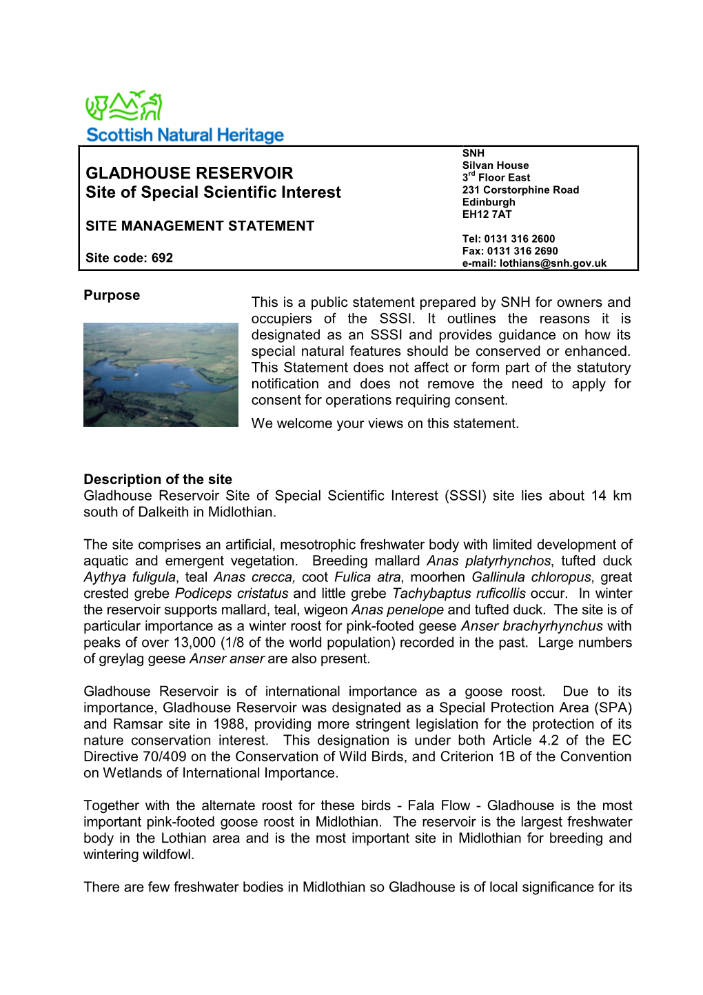 Gladhouse Reservoir Site of Special Scientific Interest (SSSI) Site Lies About 14 Km South of Dalkeith in Midlothian