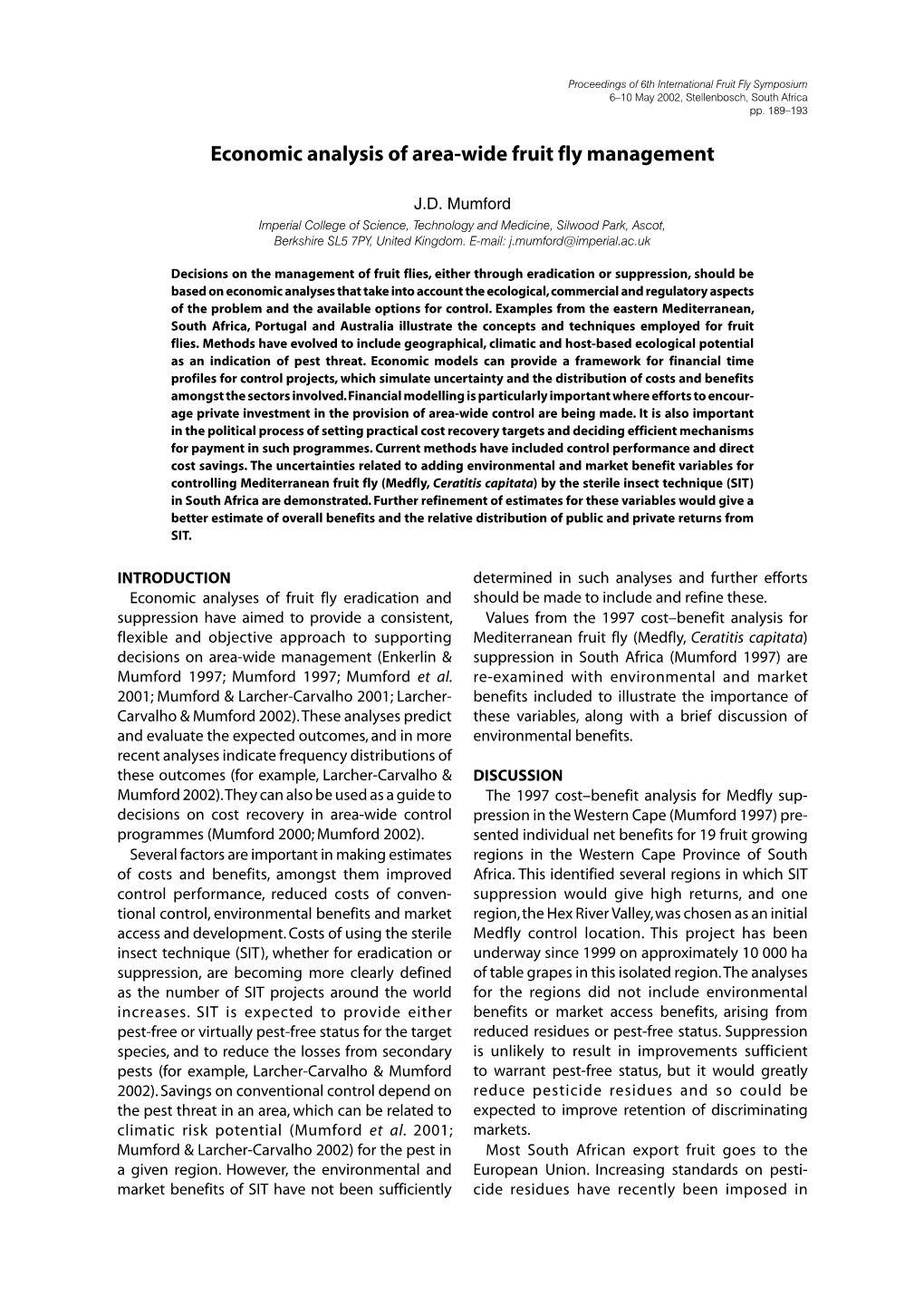 Economic Analysis of Area-Wide Fruit Fly Management