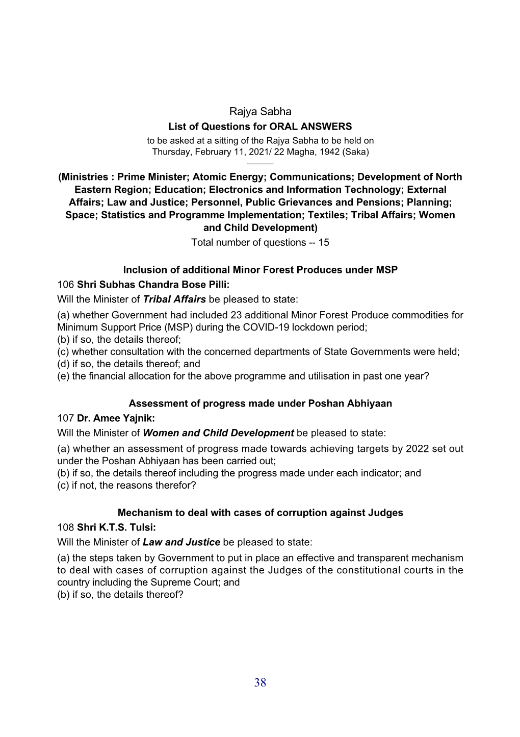 Rajya Sabha List of Questions for ORAL ANSWERS to Be Asked at a Sitting of the Rajya Sabha to Be Held on Thursday, February 11, 2021/ 22 Magha, 1942 (Saka)