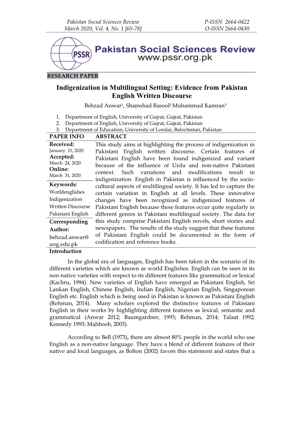 Indigenization in Multilingual Setting: Evidence from Pakistan English Written Discourse