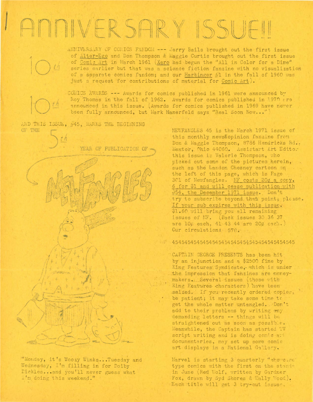 NEWFANGLES 45 Is The’March 1971 Issue of This Monthly Newsfiopinion Fanzine from Don & Maggie Thompson, 8786 Hendricks Rd., 'Mentor, Ohio 44060