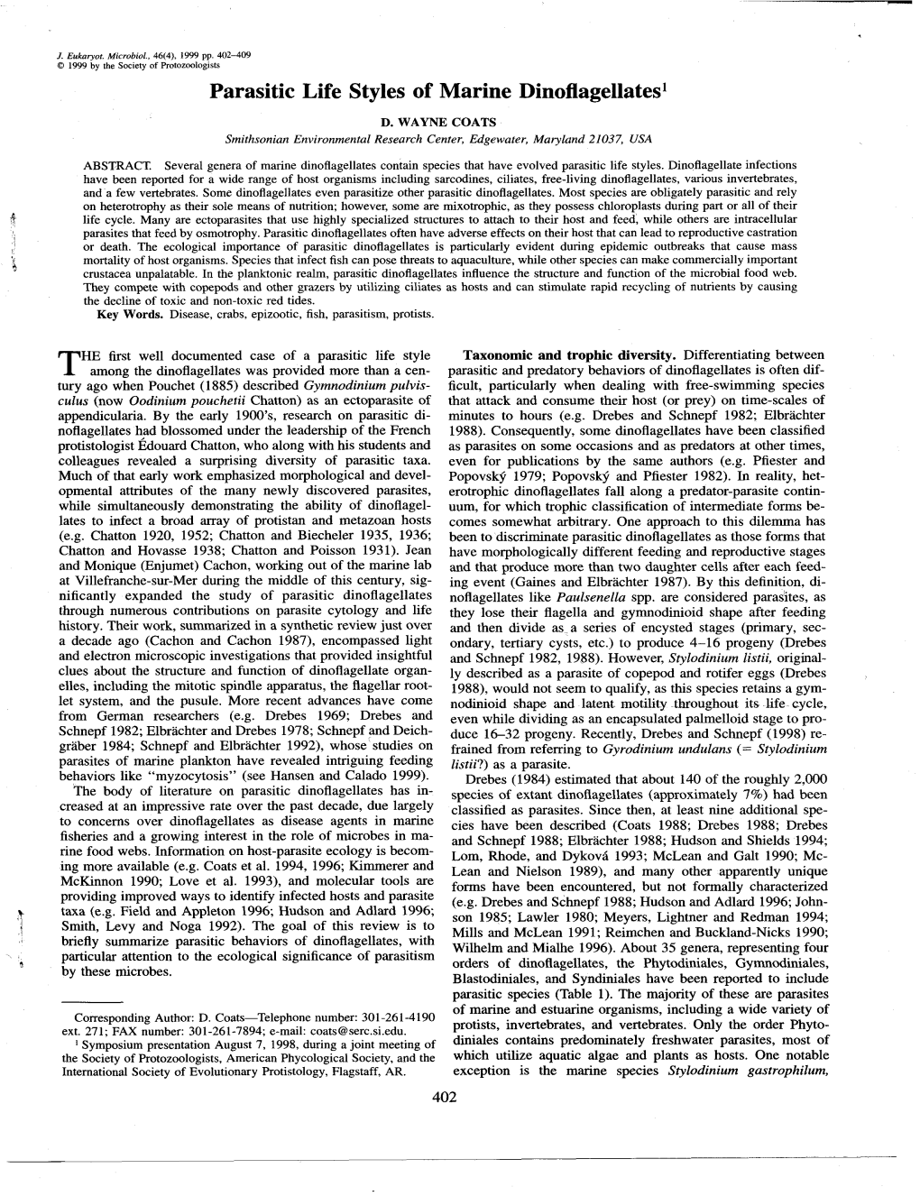 Parasitic Life Styles of Marine Dinoflagellates1