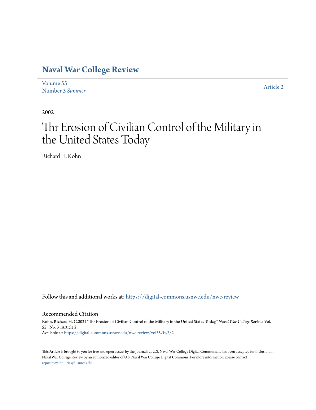 Thr Erosion of Civilian Control of the Military in the United States Today