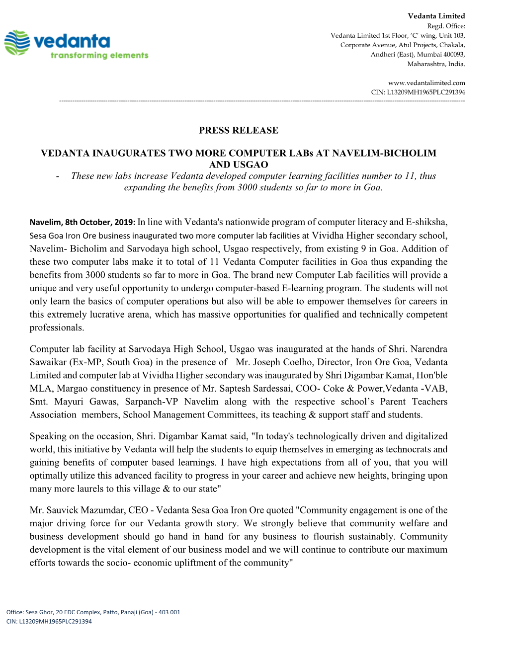 Press Release Vedanta Inaugurates Two More
