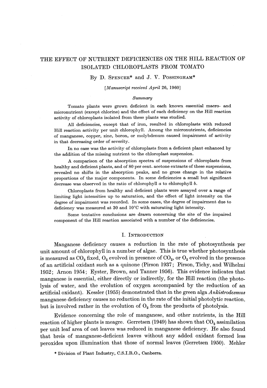 THE EFFECT of NUTRIENT DEFICIENCIES on the HILL REACTION of ISOLATED CHLOROPLASTS from TOMATO by D