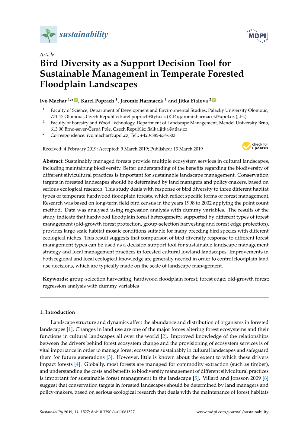 Bird Diversity As a Support Decision Tool for Sustainable Management in Temperate Forested Floodplain Landscapes