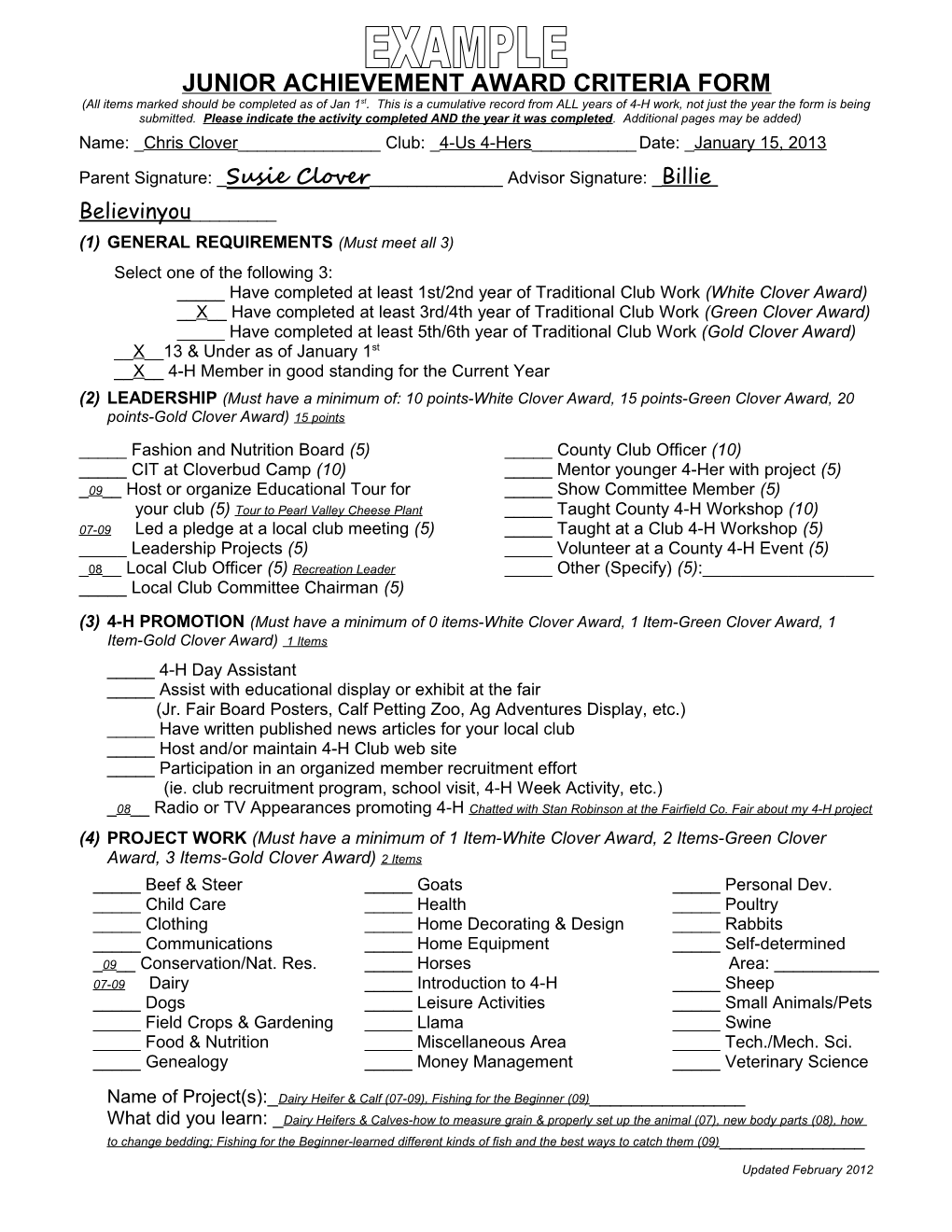 Junior Achievement Award Criteria Form