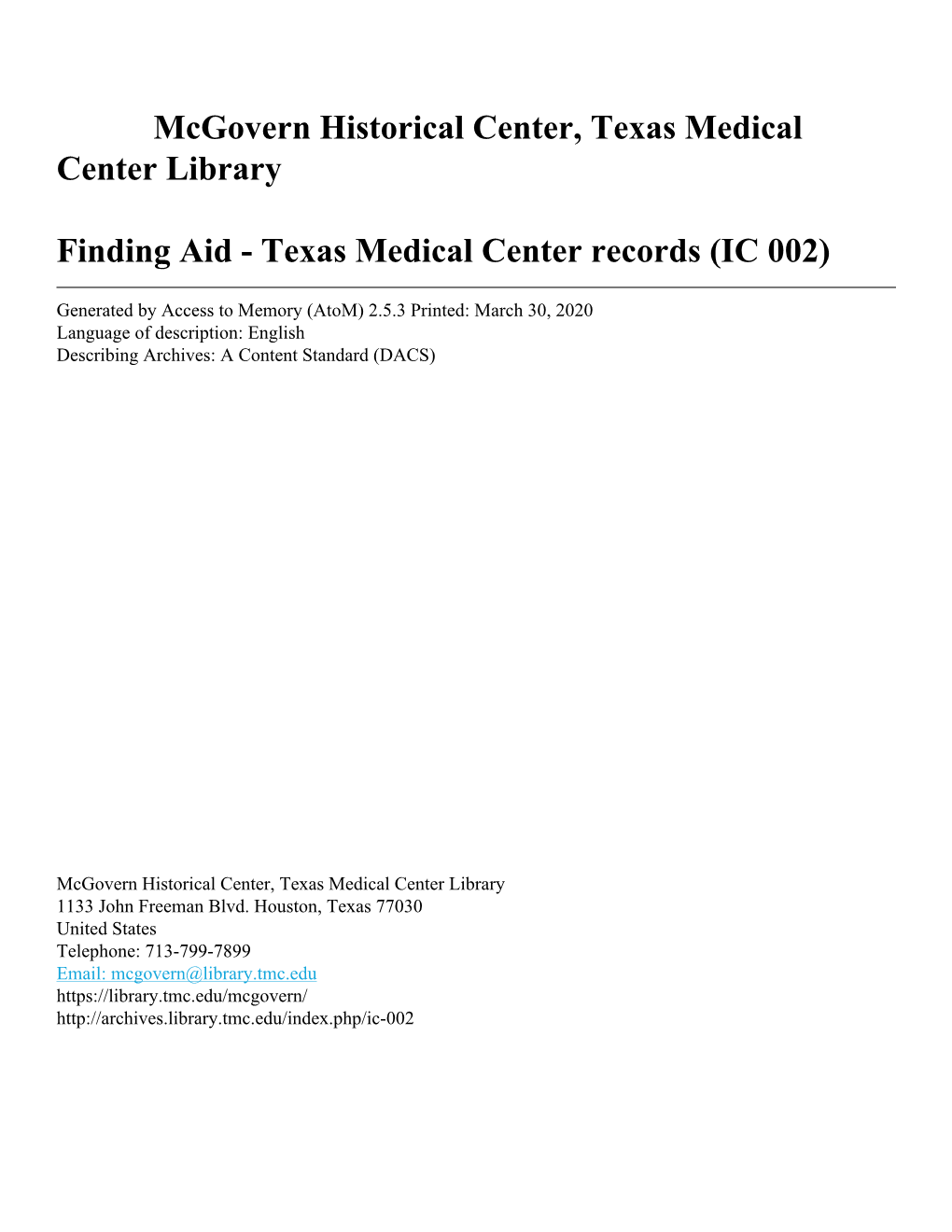 Ical Center, Texas Medical Center Library